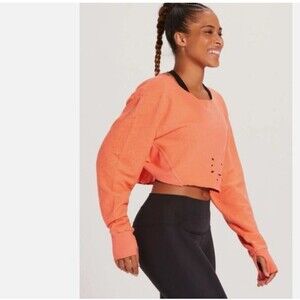 Cropped Distressed Coral Off Shoulder Sweatshirt Slouchy Raw Hem Thumbholes M